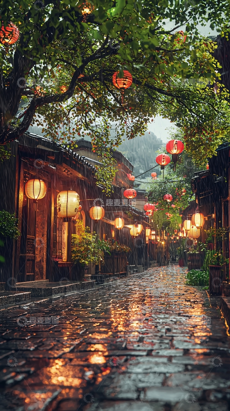 高清大图下载【趣麦麦图】雨后古镇夜景