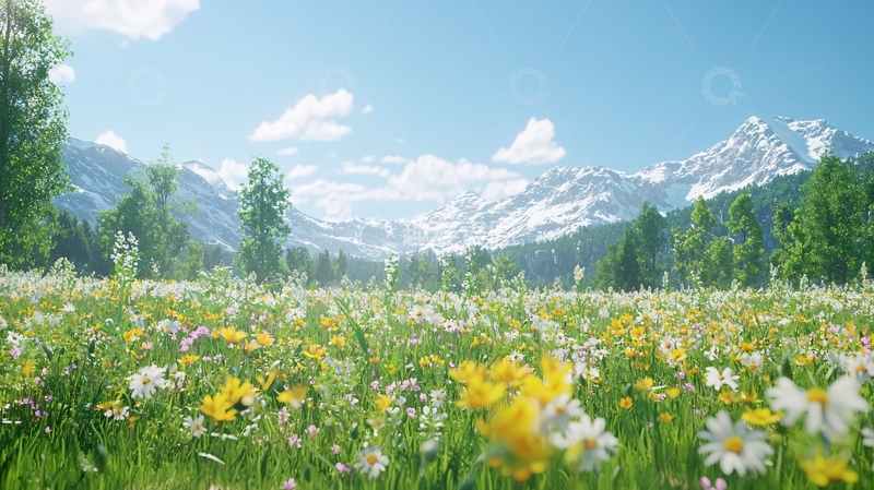 高清大图下载【趣麦麦图】阳光明媚的雪山花海