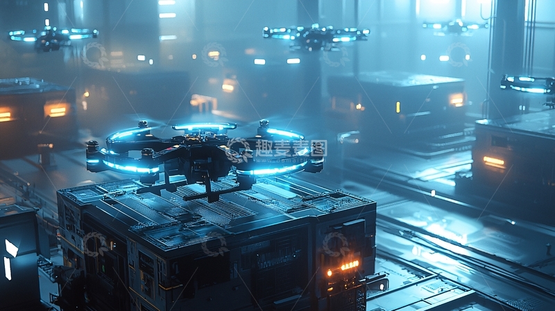 高清大图下载【趣麦麦图】无人机在未来城市夜晚飞行