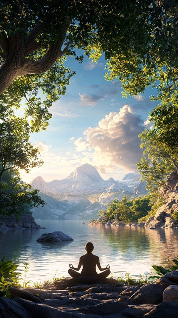 树荫下湖边冥想