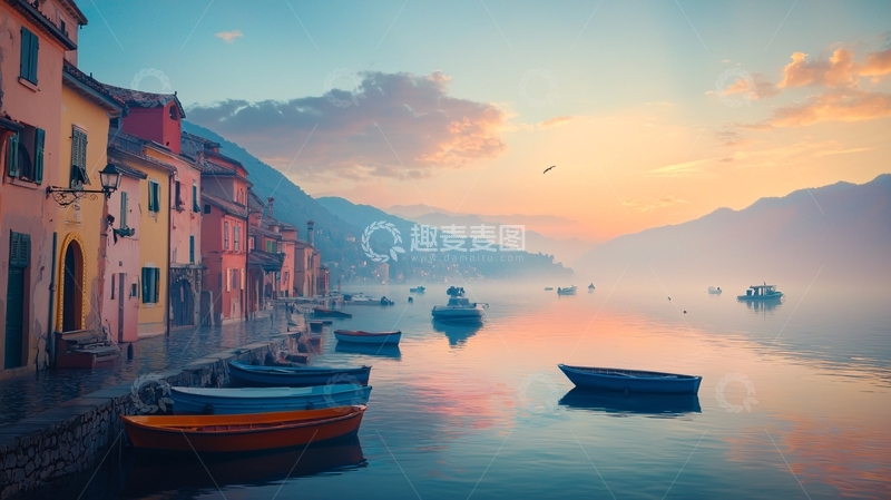 高清大图下载【趣麦麦图】清晨小镇港口