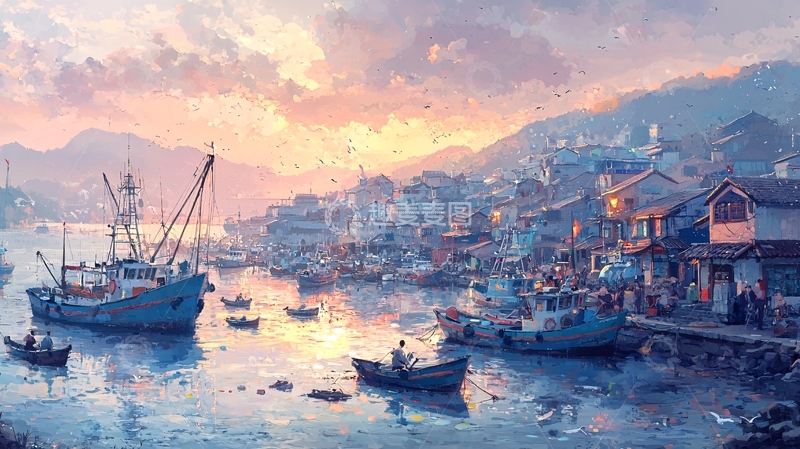 高清大图下载【趣麦麦图】海港小镇日落风景画