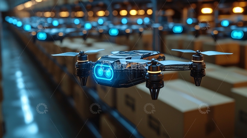 高清大图下载【趣麦麦图】仓库中飞行运输无人机