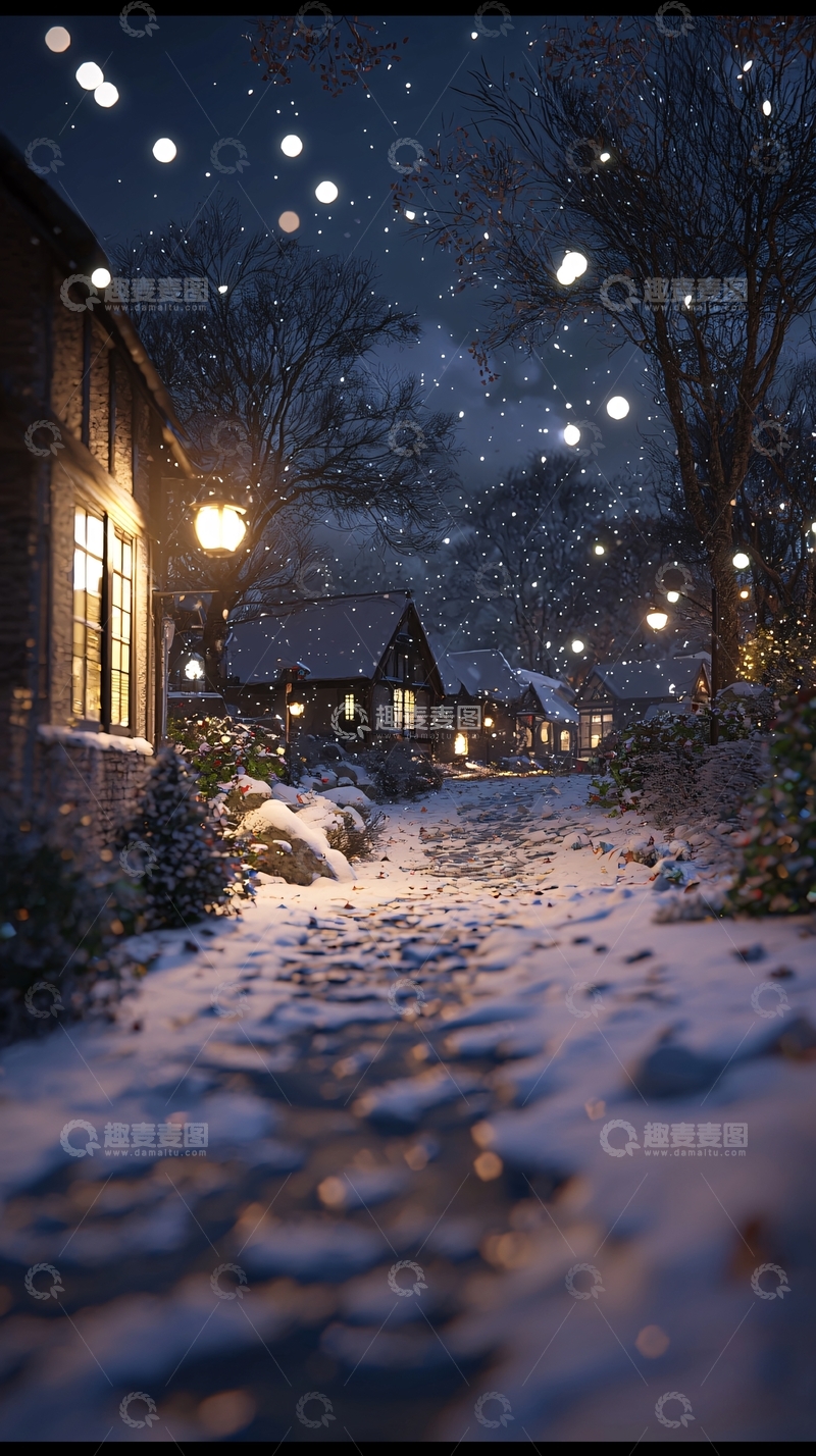 高清大图下载【趣麦麦图】下雪的夜晚村庄