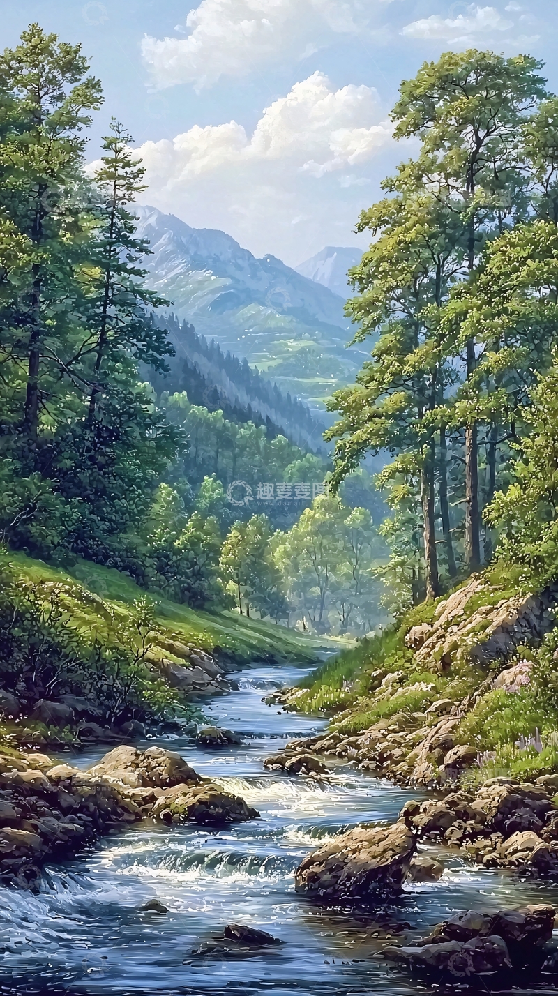 高清大图下载【趣麦麦图】山谷溪流风景画