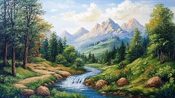 山林溪流风景画