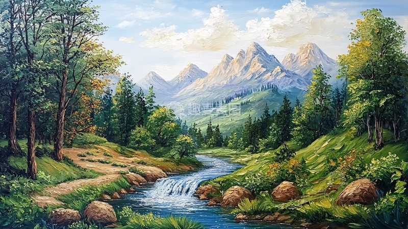 高清大图下载【趣麦麦图】山林溪流风景画