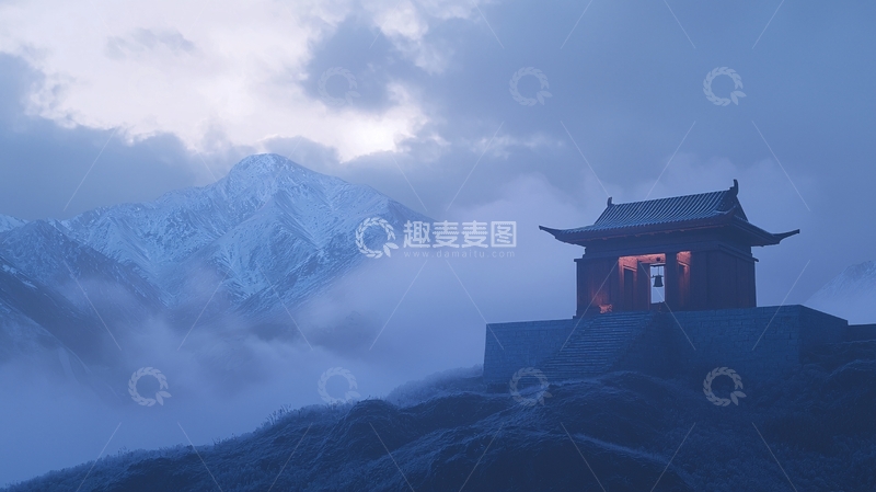 高清大图下载【趣麦麦图】山顶寺庙雪山日出