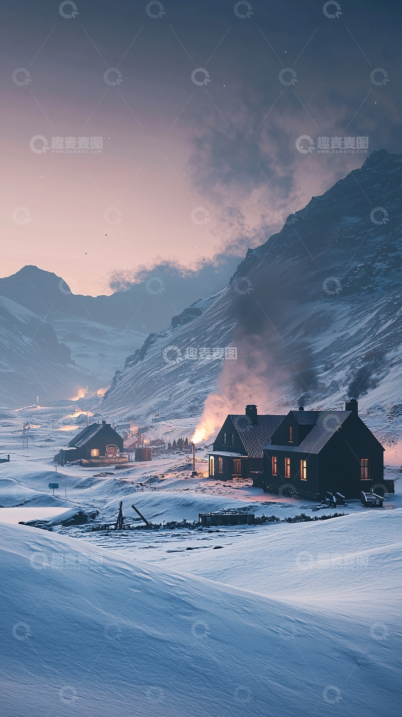 高清大图下载【趣麦麦图】雪山小屋炊烟袅袅