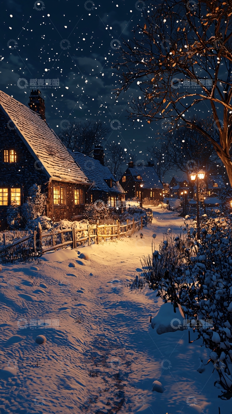 高清大图下载【趣麦麦图】冬夜雪景村庄