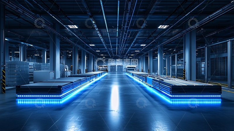 高清大图下载【趣麦麦图】蓝色灯光下的工业仓库