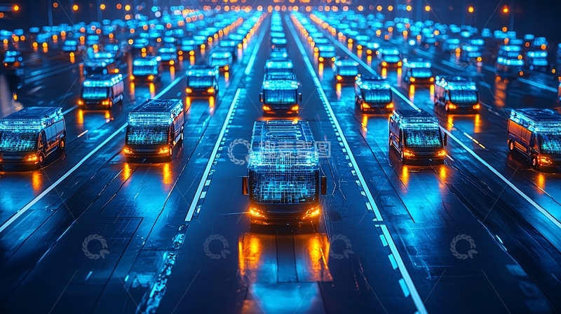 高清大图下载【趣麦麦图】夜间公路上行驶的卡车队列