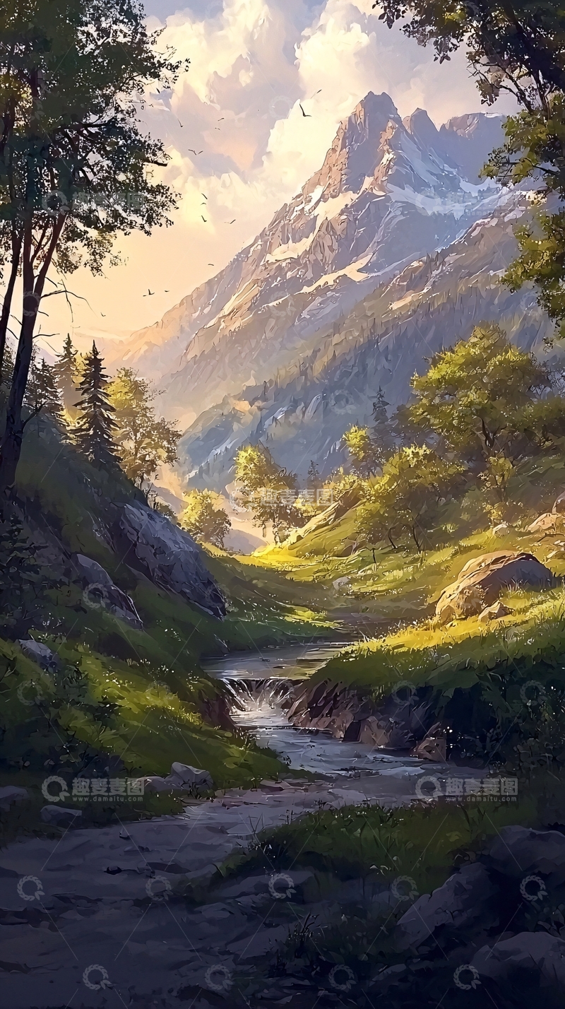 高清大图下载【趣麦麦图】山谷溪流风景画