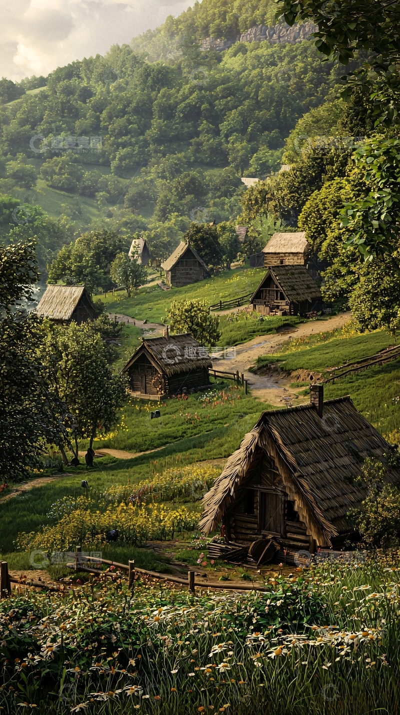高清大图下载【趣麦麦图】山间木屋村庄景色