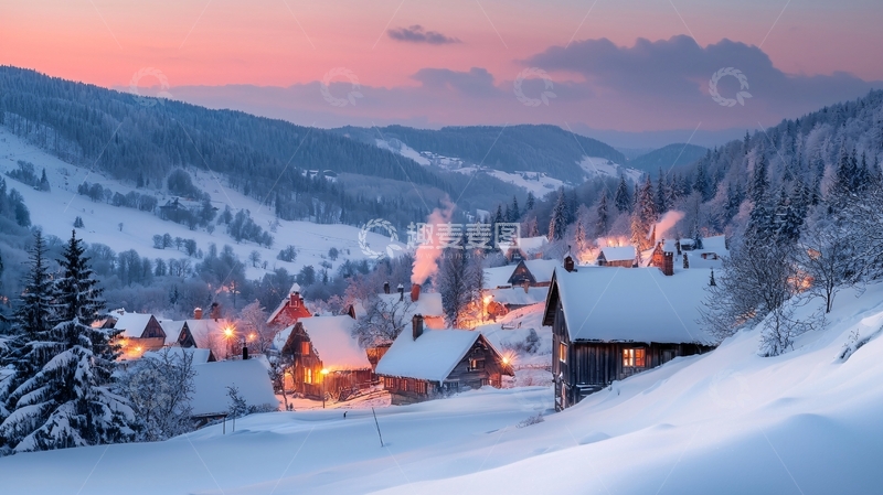高清大图下载【趣麦麦图】雪山村庄夜景