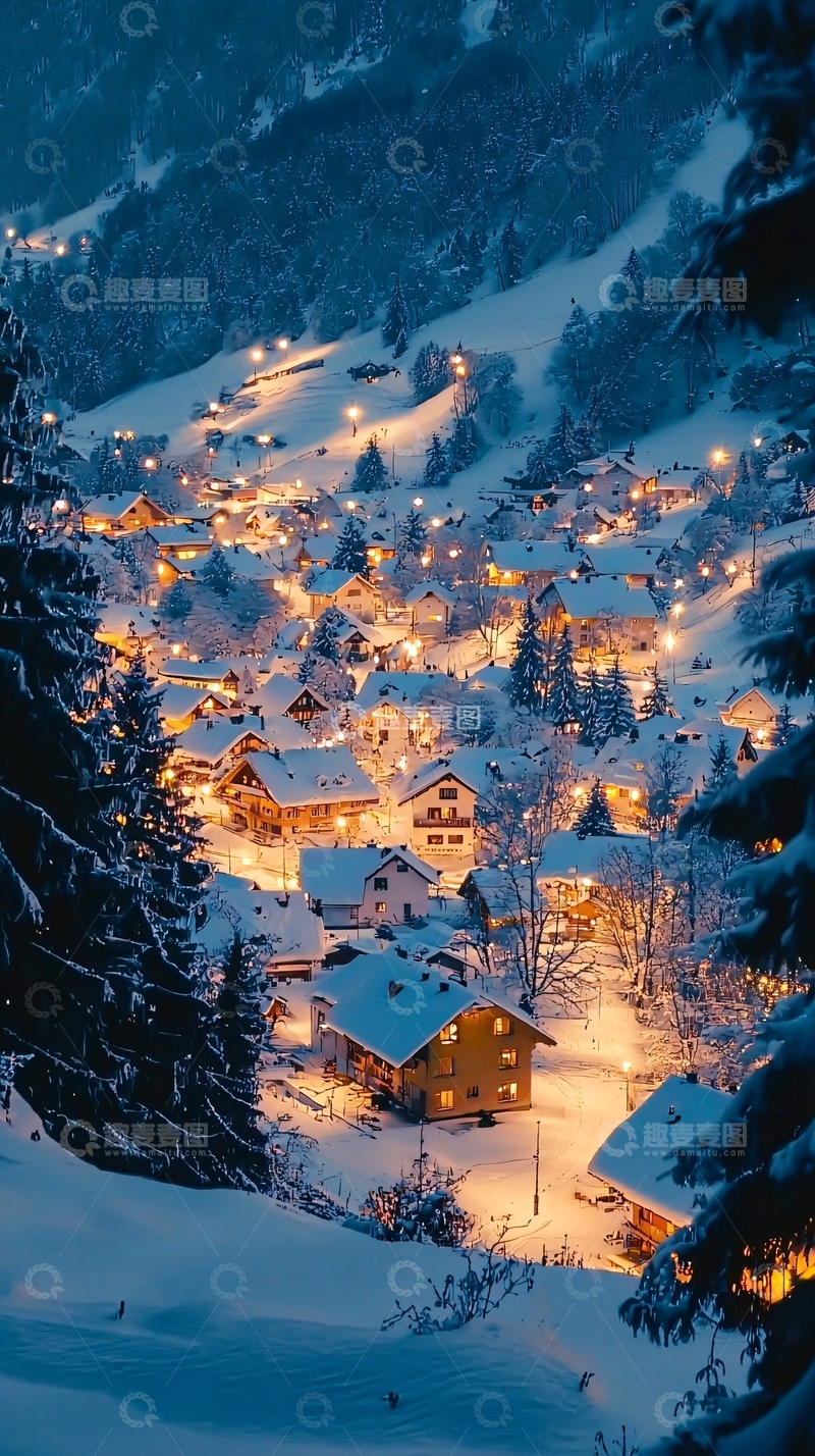 高清大图下载【趣麦麦图】雪夜山村