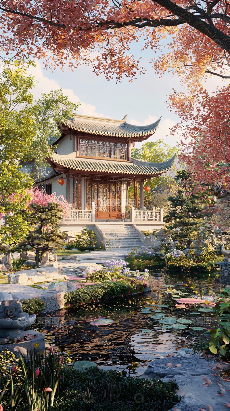 高清大图下载【趣麦麦图】秋日中式庭院