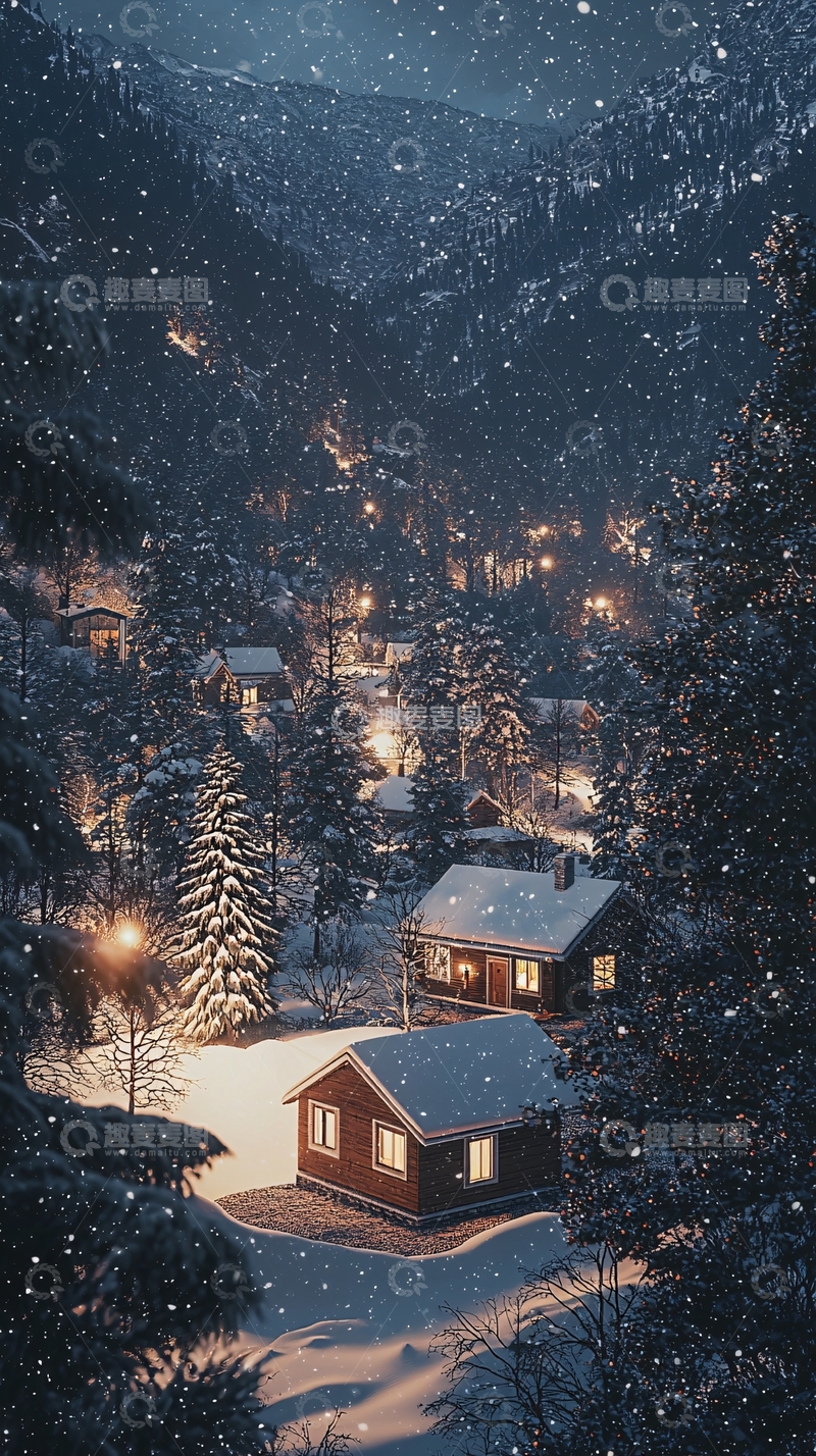 高清大图下载【趣麦麦图】下雪的村庄夜景
