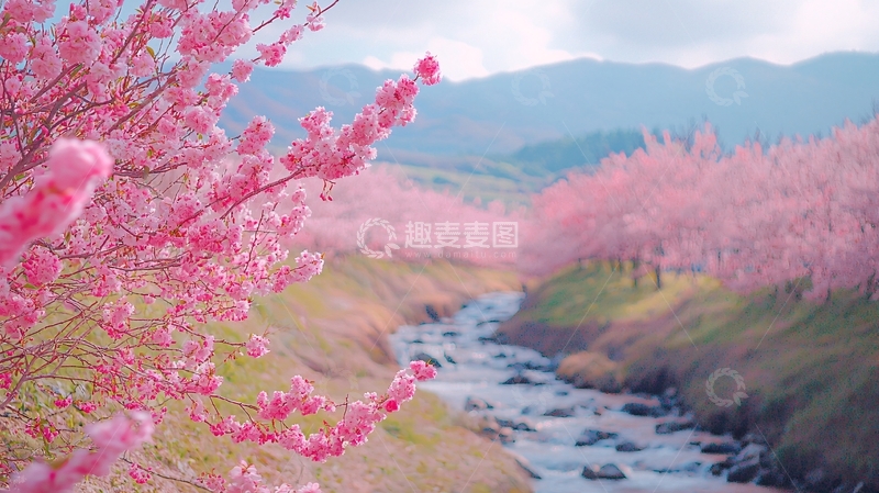 高清大图下载【趣麦麦图】粉红色的桃花与溪流