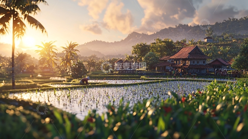 高清大图下载【趣麦麦图】日落下的稻田别墅