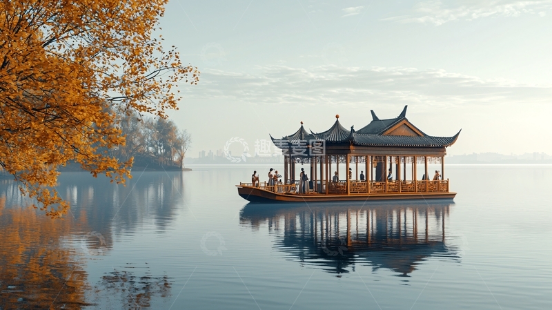 高清大图下载【趣麦麦图】秋日湖景水上亭台