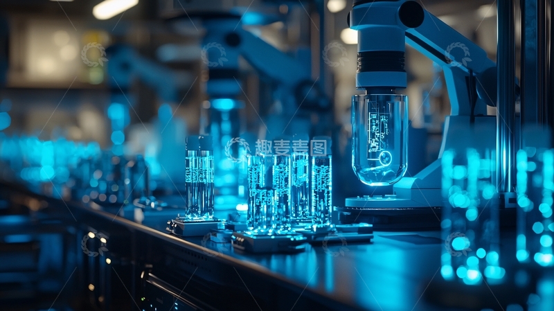 高清大图下载【趣麦麦图】自动化生产线上蓝色液体试管