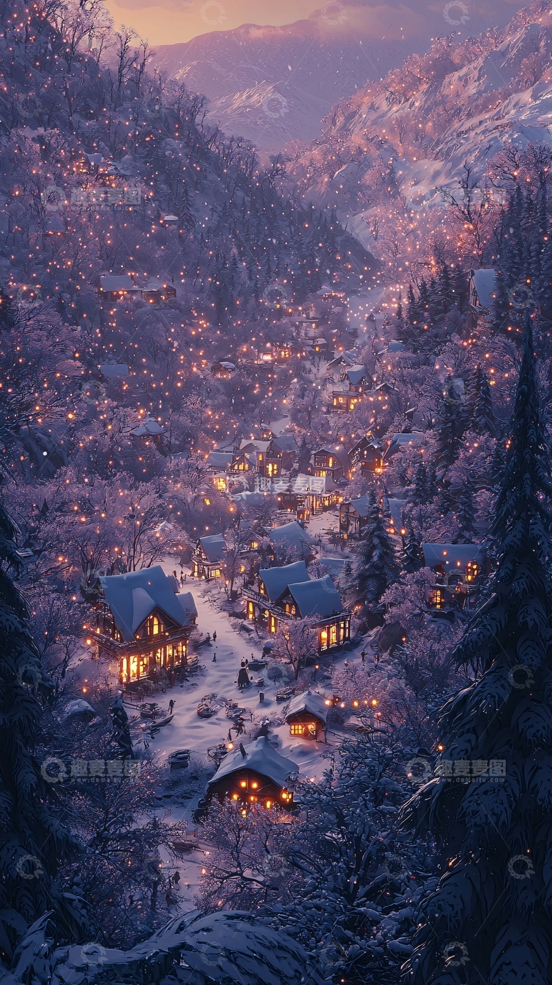 高清大图下载【趣麦麦图】雪山小镇夜景