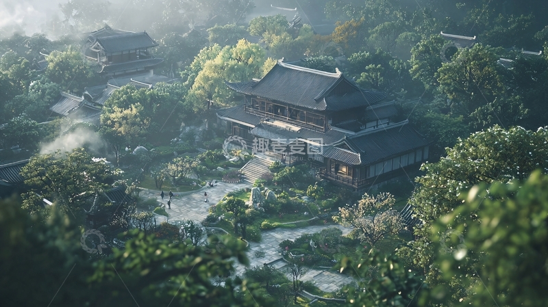 高清大图下载【趣麦麦图】清晨山林古寺鸟瞰图