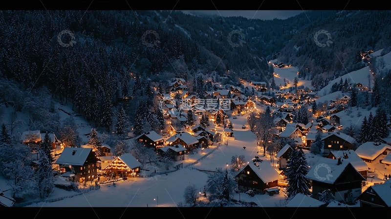 高清大图下载【趣麦麦图】雪夜山村