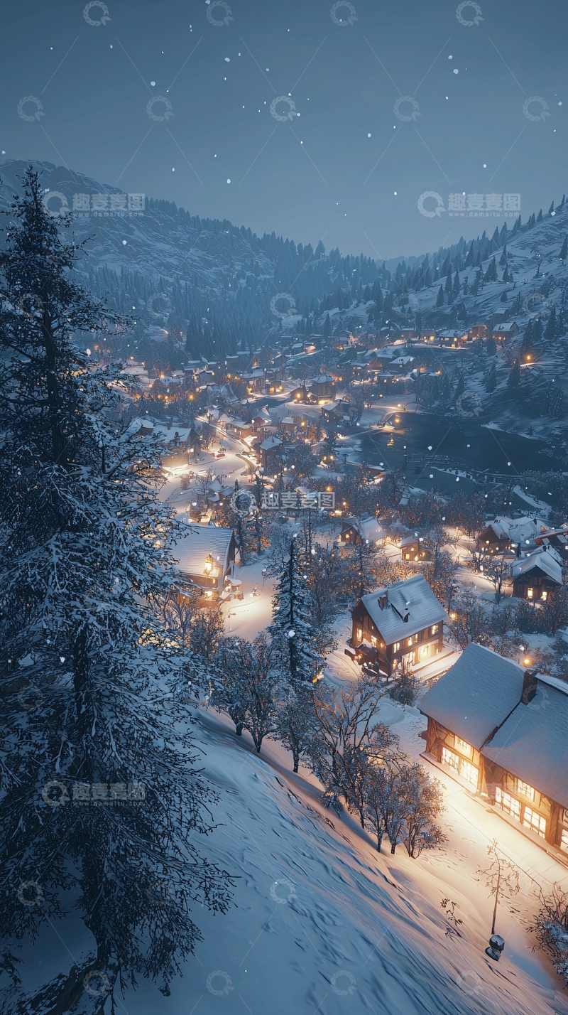 高清大图下载【趣麦麦图】雪夜山村夜景