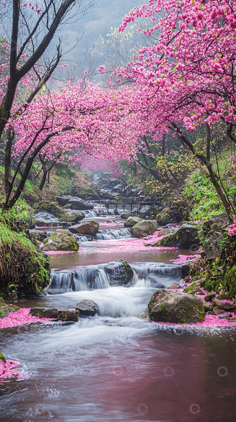 高清大图下载【趣麦麦图】粉红樱花溪流瀑布