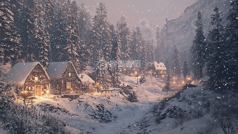 高清大图下载【趣麦麦图】雪夜村庄