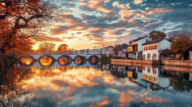 高清大图下载【趣麦麦图】夕阳下的古镇风景