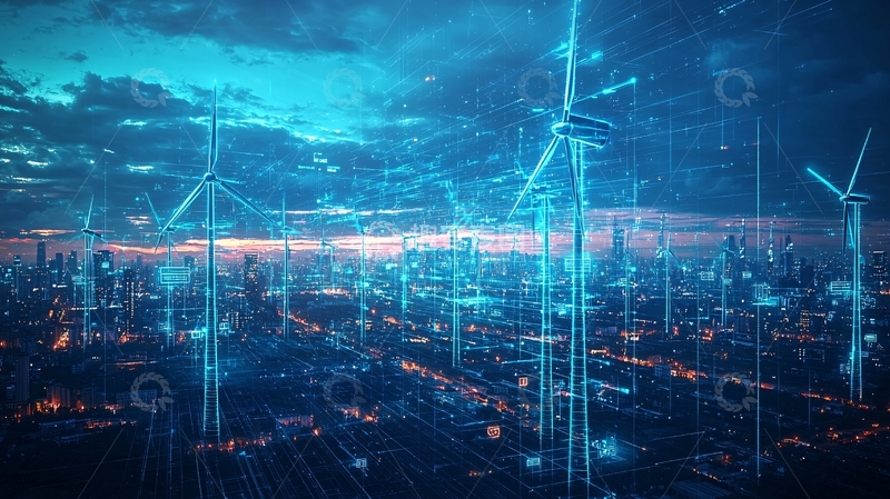 高清大图下载【趣麦麦图】科技感风力发电城市夜景