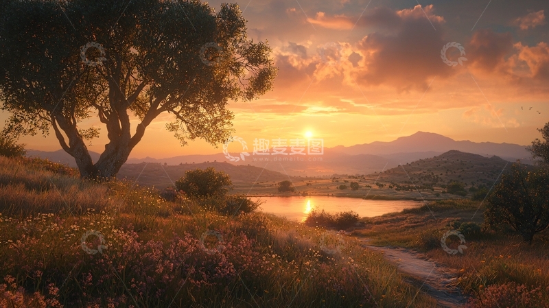 高清大图下载【趣麦麦图】夕阳西下田园风光