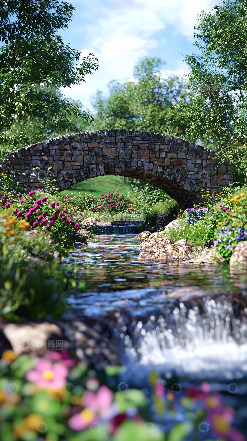 高清大图下载【趣麦麦图】石桥流水花园景色