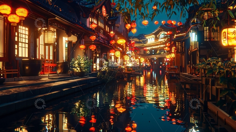 高清大图下载【趣麦麦图】夜晚古镇河道灯笼倒影