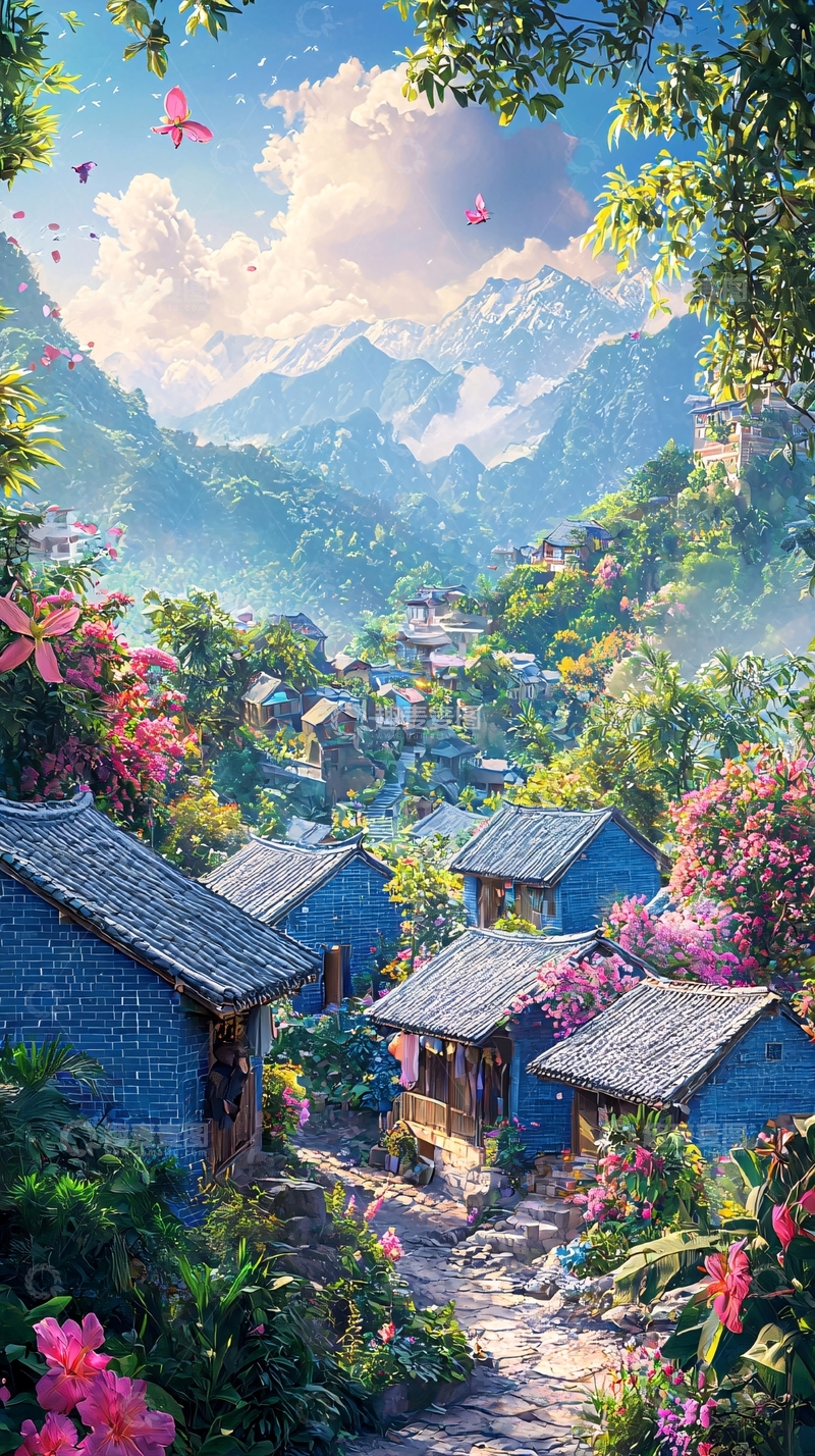 高清大图下载【趣麦麦图】山间蓝色村庄