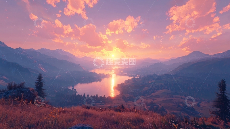高清大图下载【趣麦麦图】唯美落日山峦湖泊景色