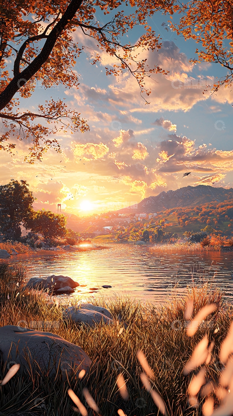 高清大图下载【趣麦麦图】秋日黄昏湖边风景