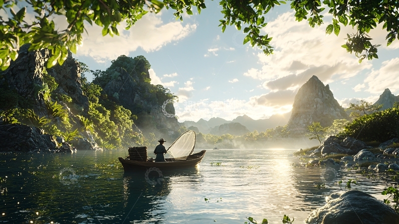 高清大图下载【趣麦麦图】清晨山水渔夫泛舟