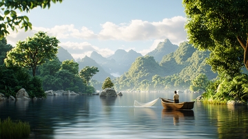 清晨湖面泛舟垂钓