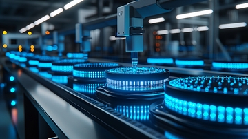 工业流水线上闪耀蓝光的元件