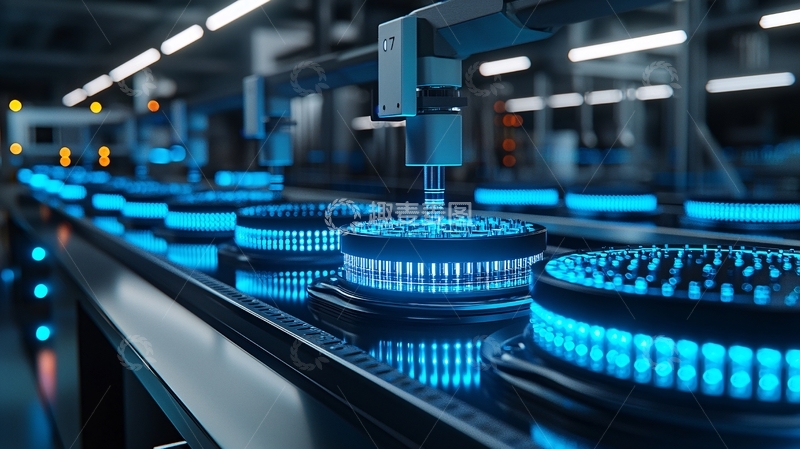 高清大图下载【趣麦麦图】工业流水线上闪耀蓝光的元件