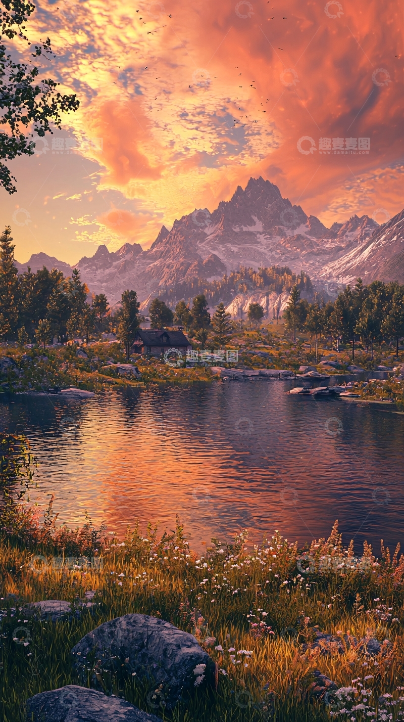 高清大图下载【趣麦麦图】落日余晖下的山湖小屋