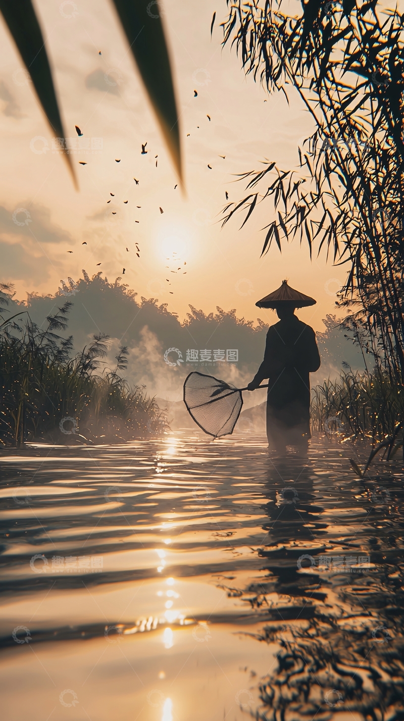 高清大图下载【趣麦麦图】清晨渔夫捕鱼