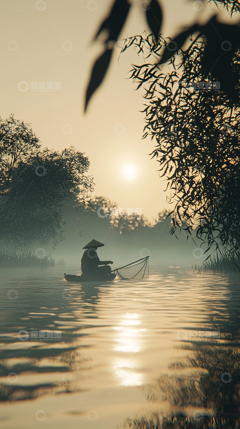 高清大图下载【趣麦麦图】清晨渔夫泛舟