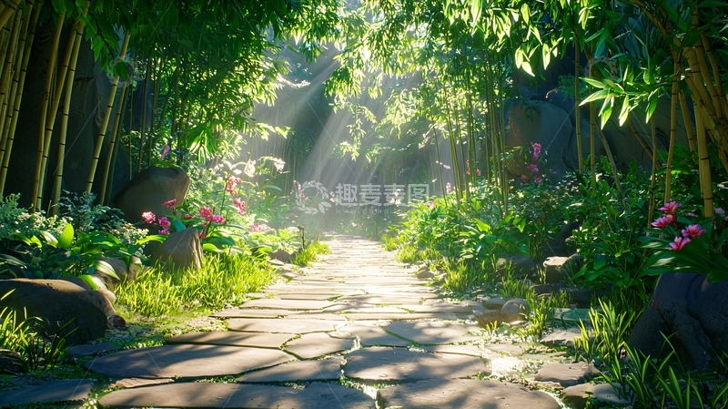 高清大图下载【趣麦麦图】阳光穿过竹林的小路