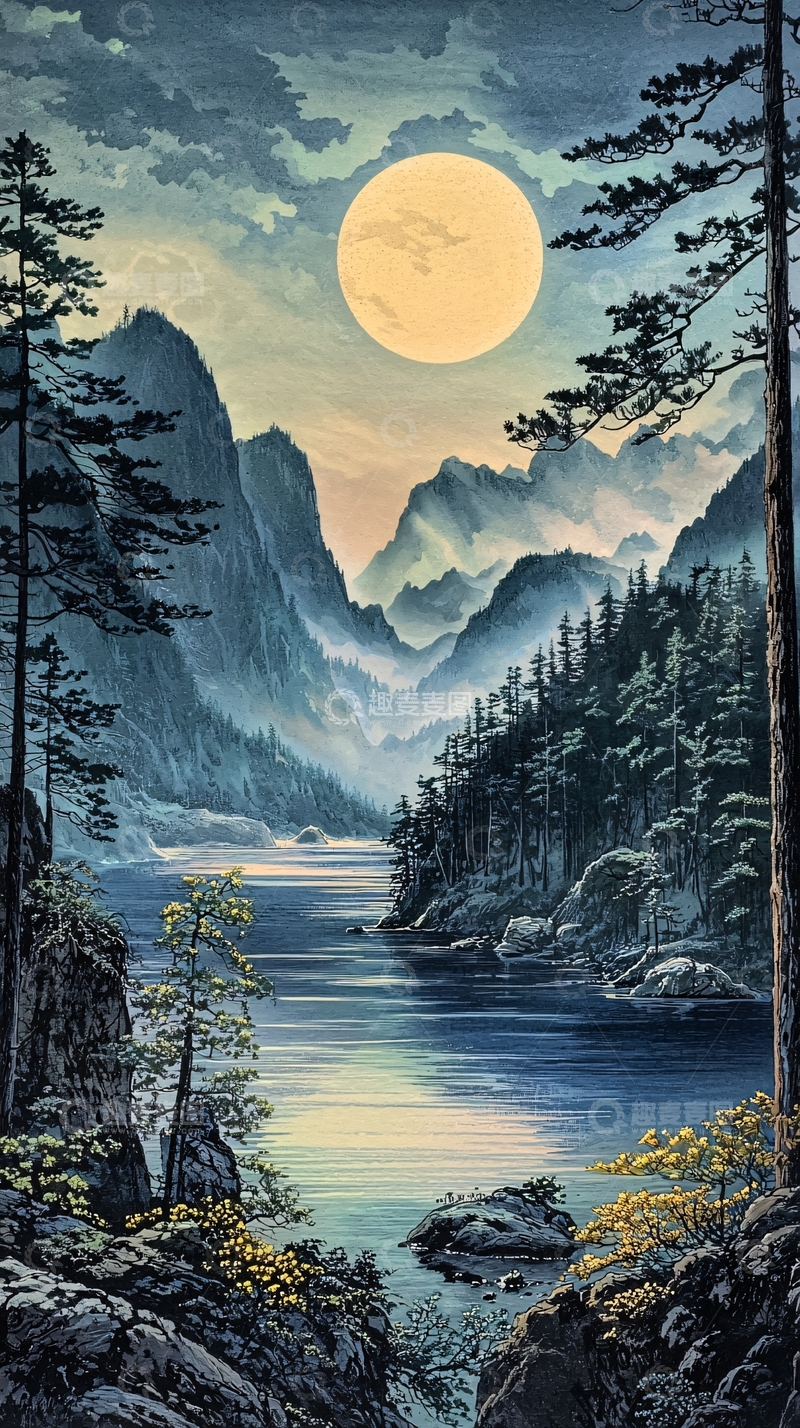 高清大图下载【趣麦麦图】月夜峡谷山水画