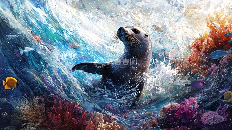 高清大图下载【趣麦麦图】海豹在珊瑚礁中嬉戏